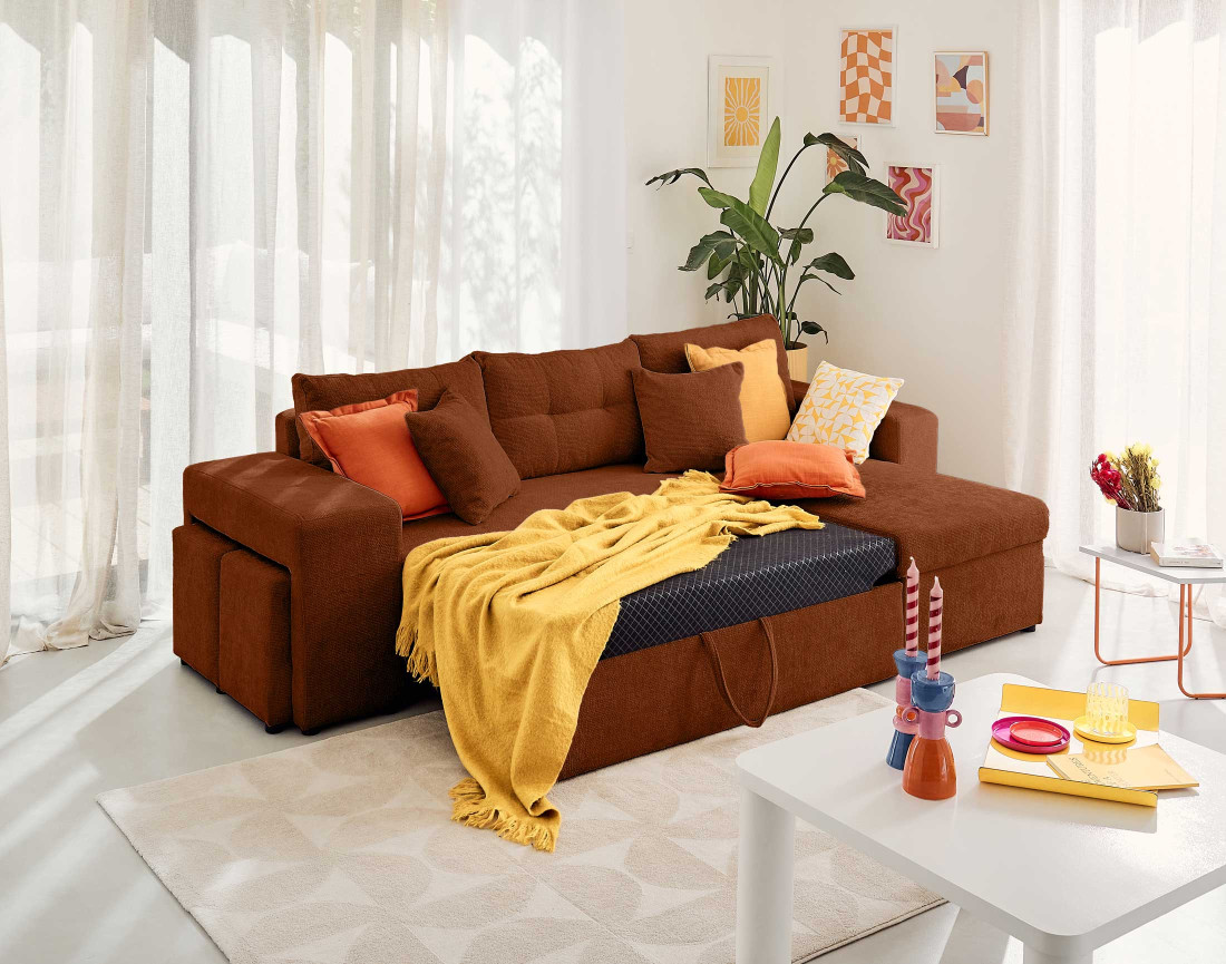 Canapé d'angle réversible 4 places convertible avec coffre, étagère et poufs en velours texturé California