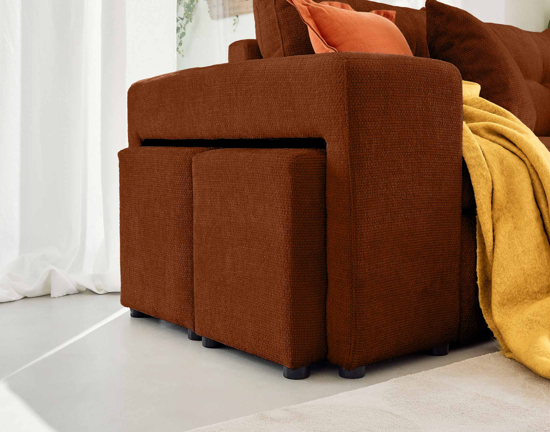 Canapé d'angle réversible 4 places convertible avec coffre, étagère et poufs en velours texturé California