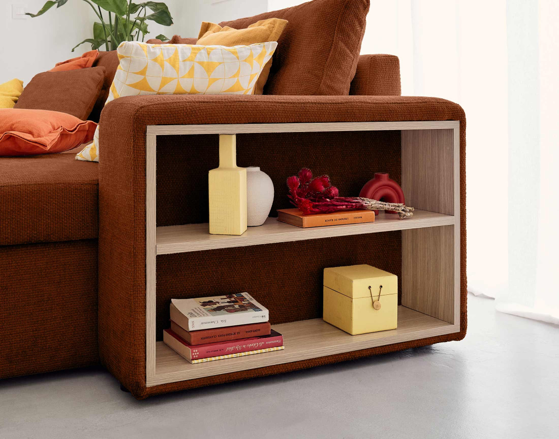 Canapé d'angle réversible 4 places convertible avec coffre, étagère et poufs en velours texturé California