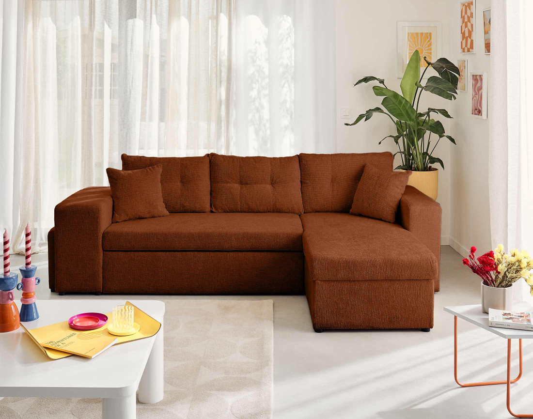 Canapé d'angle réversible 4 places convertible avec coffre, étagère et poufs en velours texturé California