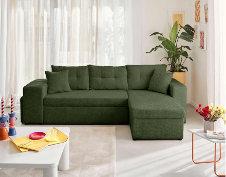 Canapé d'angle réversible 4 places convertible avec coffre, étagère et poufs en velours texturé California