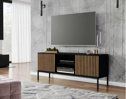 Meuble TV bois et noir 2 portes et 2 niches 150 cm Savanna