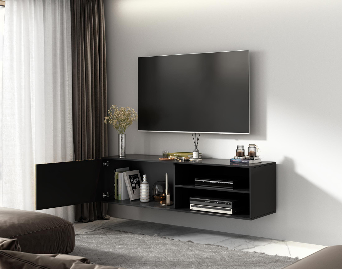 Meuble TV suspendu bois et noir 2 niches et 1 porte 150 cm Savanna