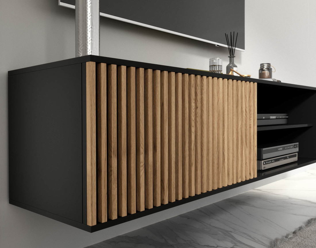 Meuble TV suspendu bois et noir 2 niches et 1 porte 150 cm Savanna