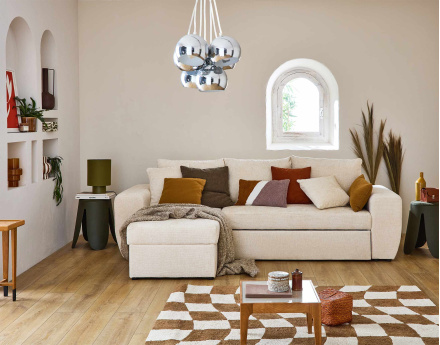 Canapé d'angle réversible 4 places convertible avec coffre en velours texturé Milan