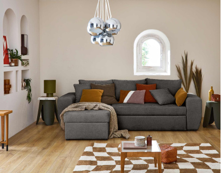 Canapé d'angle réversible 4 places convertible avec coffre en velours texturé Milan