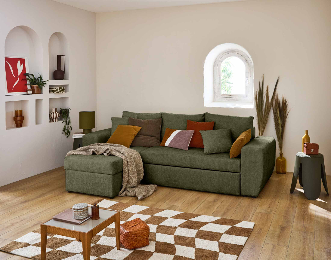 Canapé d'angle réversible 4 places convertible avec coffre en velours texturé Milan