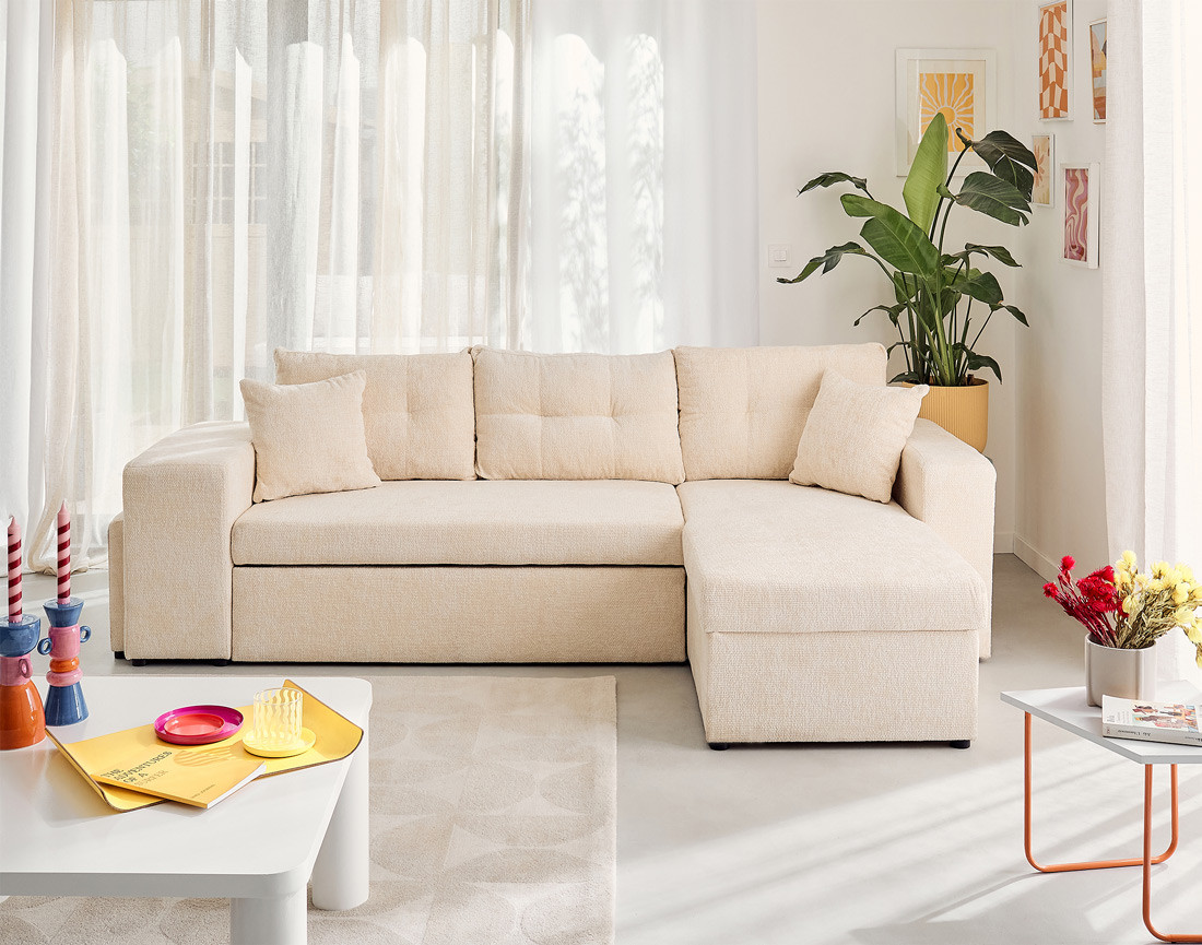 Canapé d'angle réversible 4 places convertible avec coffre, étagère et poufs en velours texturé California