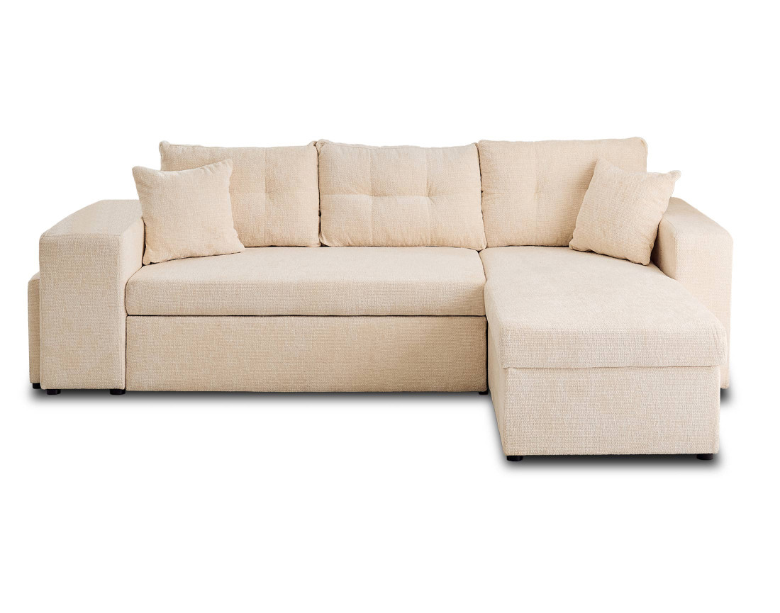 Canapé d'angle réversible 4 places convertible avec coffre, étagère et poufs en velours texturé California