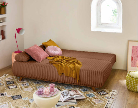 Canapé 3 places convertible avec coffre en fausse fourrure côtelée Cristal