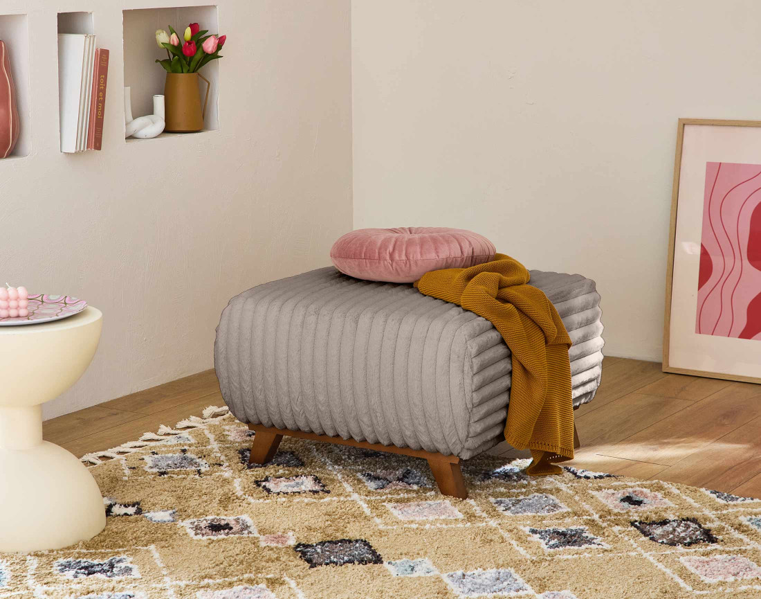 Pouf modulable 65 cm en fausse fourrure côtelée Cristal