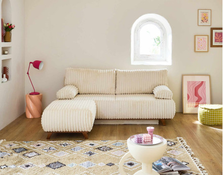 Canapé 3 places convertible avec coffre et pouf en fausse fourrure côtelée Cristal