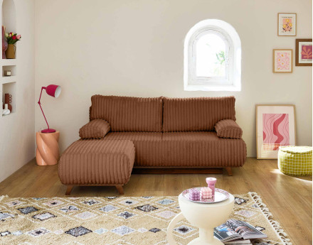 Canapé 3 places convertible avec coffre et pouf en fausse fourrure côtelée Cristal