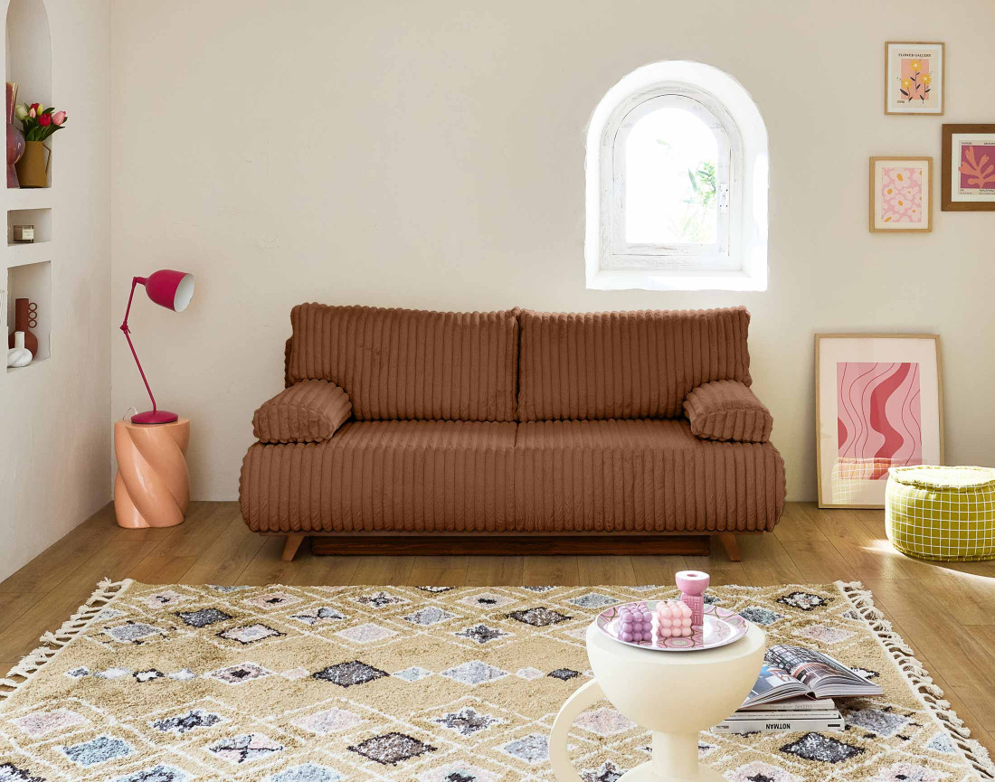 Canapé 3 places convertible avec coffre et pouf en fausse fourrure côtelée Cristal