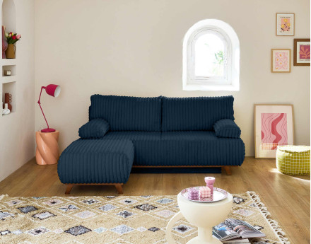 Canapé 3 places convertible avec coffre et pouf en fausse fourrure côtelée Cristal