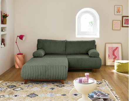 Canapé 3 places convertible avec coffre et grand pouf en fausse fourrure côtelée Cristal