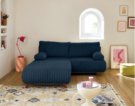 Canapé 3 places convertible avec coffre et grand pouf en fausse fourrure côtelée Cristal