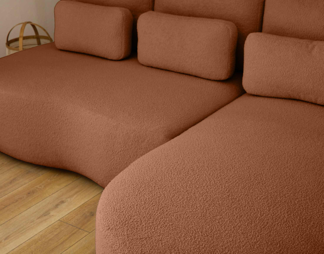 Canapé d'angle droit 4 places convertible avec coffre en tissu bouclette Mahina