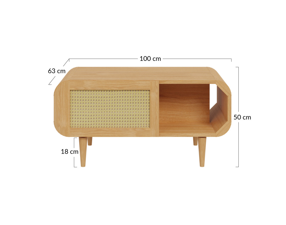 Table basse bois et cannage 1 niche 100 cm Mathilde