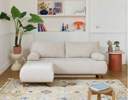 Canapé 3 places convertible avec coffre et pouf en velours texturé Cristal