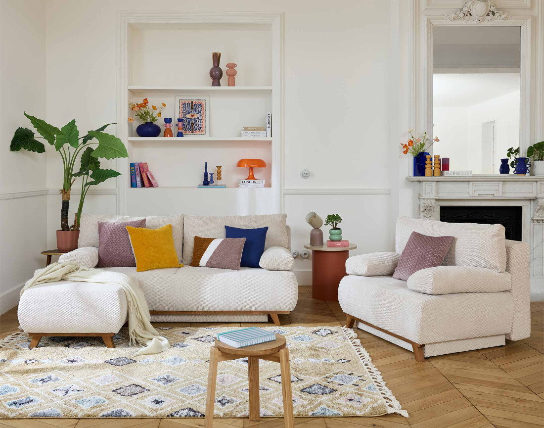 Canapé 3 places convertible avec coffre et pouf en velours texturé Cristal