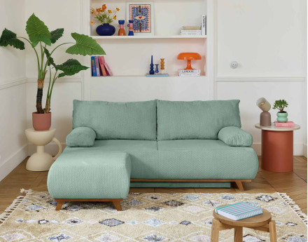 Canapé 3 places convertible avec coffre et pouf en velours texturé Cristal