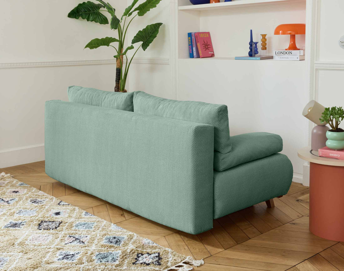 Canapé 3 places convertible avec coffre et pouf en velours texturé Cristal