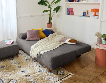 Canapé 3 places convertible avec coffre et pouf en velours texturé Cristal