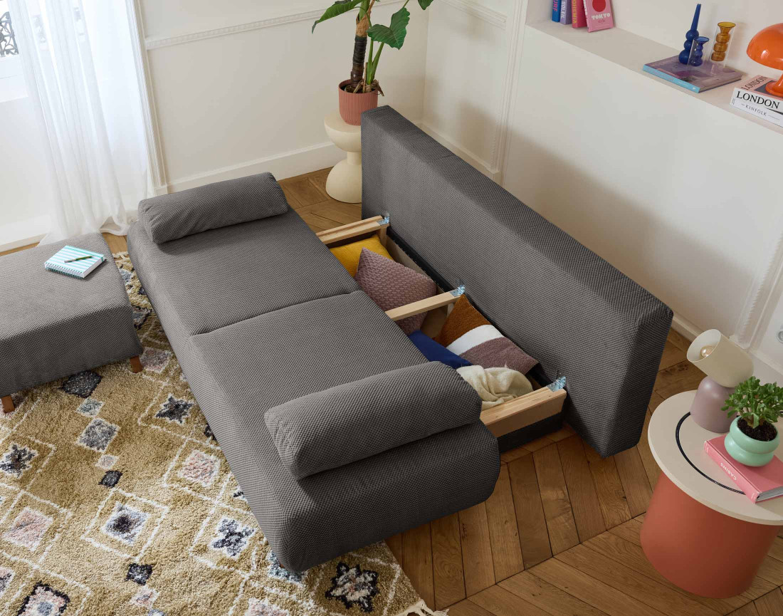 Canapé 3 places convertible avec coffre et pouf en velours texturé Cristal