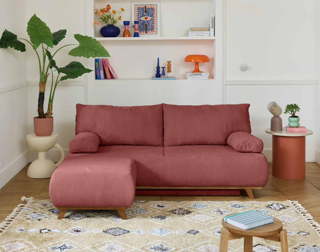 Canapé 3 places convertible avec coffre et pouf en velours texturé Cristal