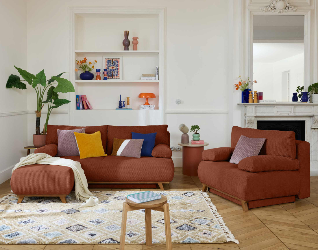 Canapé 3 places convertible avec coffre et pouf en velours texturé Cristal