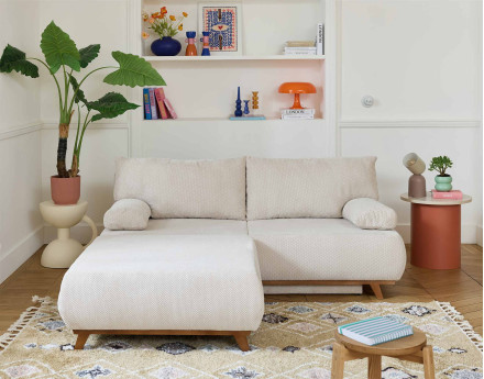 Canapé 3 places convertible avec coffre et grand pouf en velours texturé Cristal