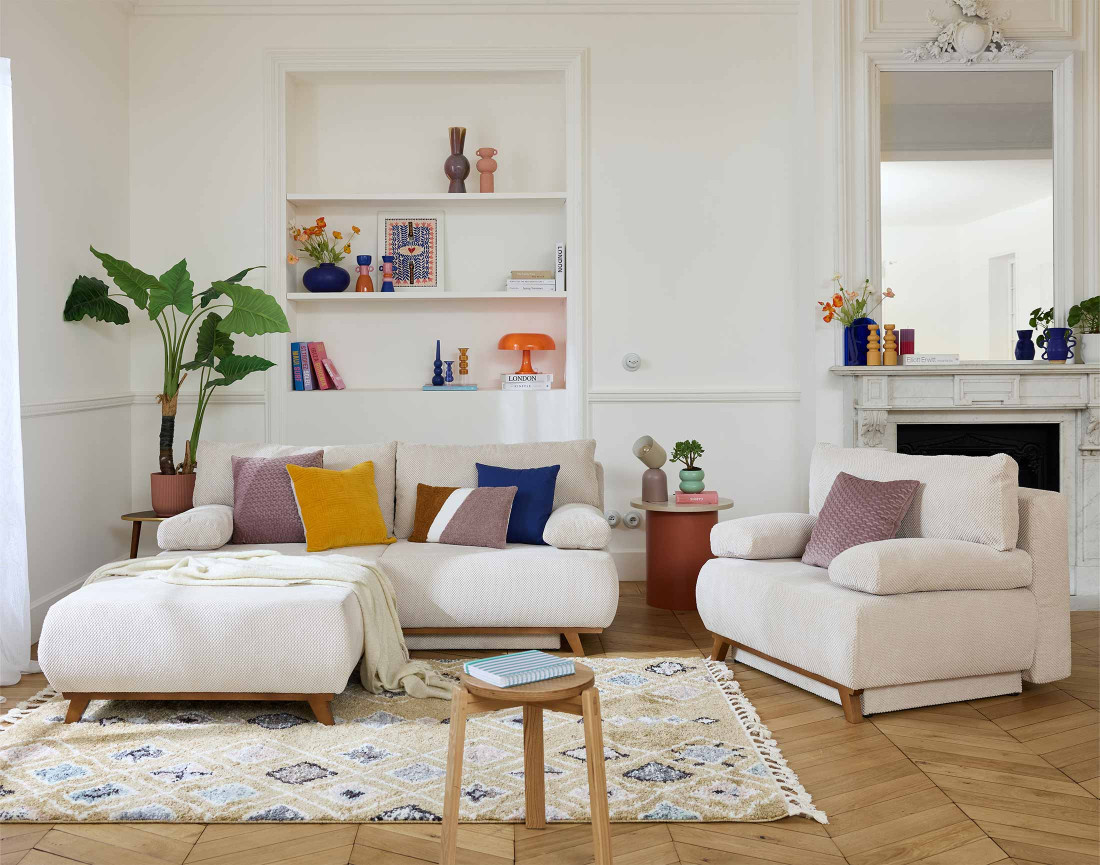 Canapé 3 places convertible avec coffre et grand pouf en velours texturé Cristal