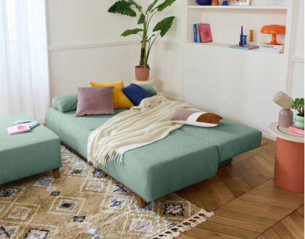 Canapé 3 places convertible avec coffre et grand pouf en velours texturé Cristal