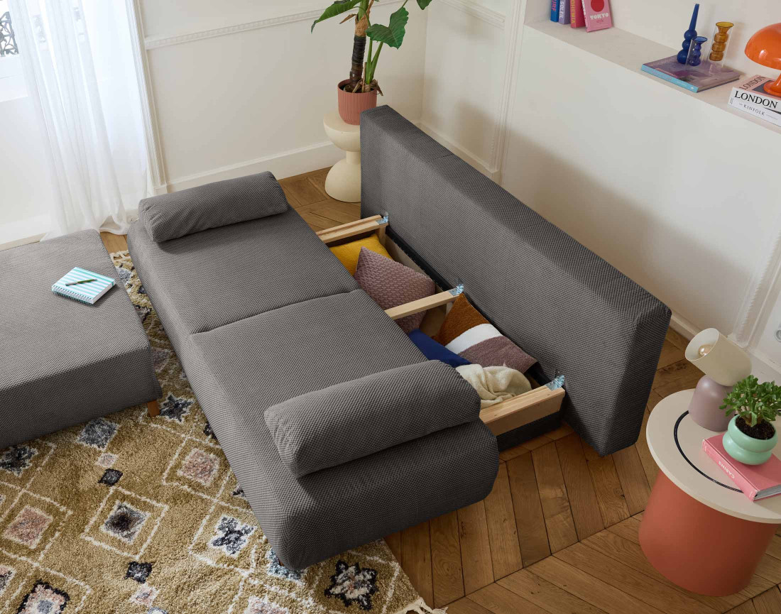 Canapé 3 places convertible avec coffre et grand pouf en velours texturé Cristal