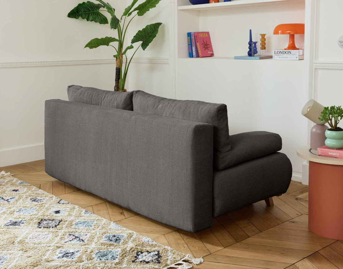 Canapé 3 places convertible avec coffre et grand pouf en velours texturé Cristal