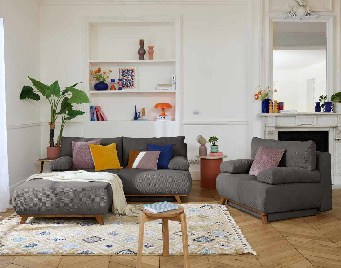 Canapé 3 places convertible avec coffre et grand pouf en velours texturé Cristal