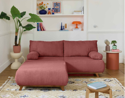 Canapé 3 places convertible avec coffre et grand pouf en velours texturé Cristal