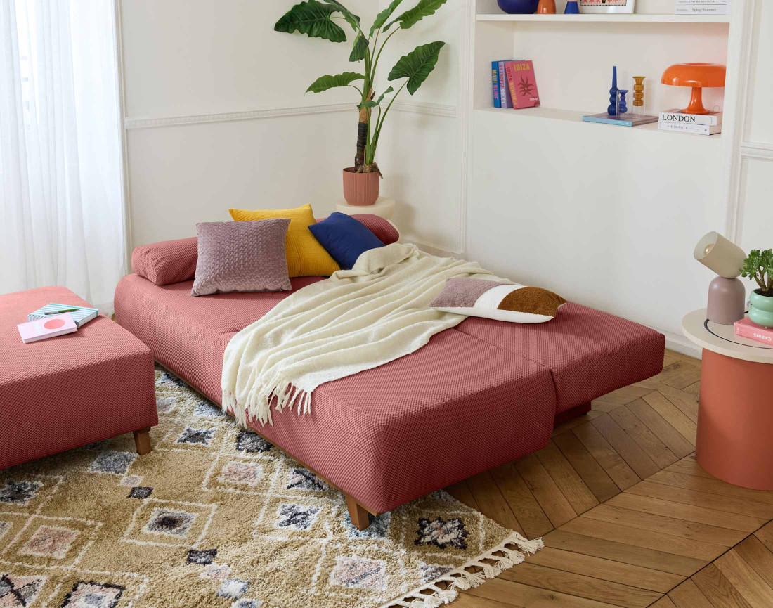 Canapé 3 places convertible avec coffre et grand pouf en velours texturé Cristal