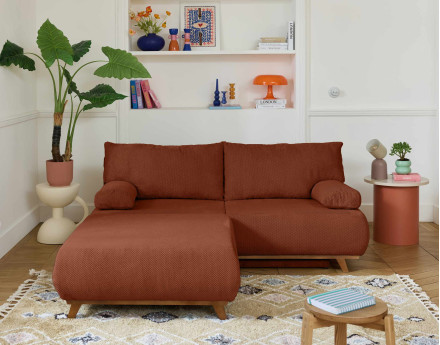 Canapé 3 places convertible avec coffre et grand pouf en velours texturé Cristal