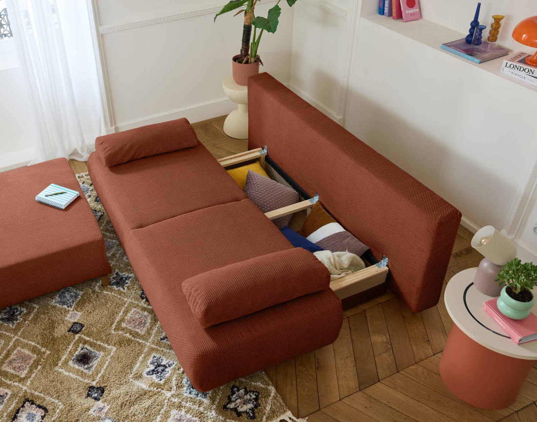 Canapé 3 places convertible avec coffre et grand pouf en velours texturé Cristal