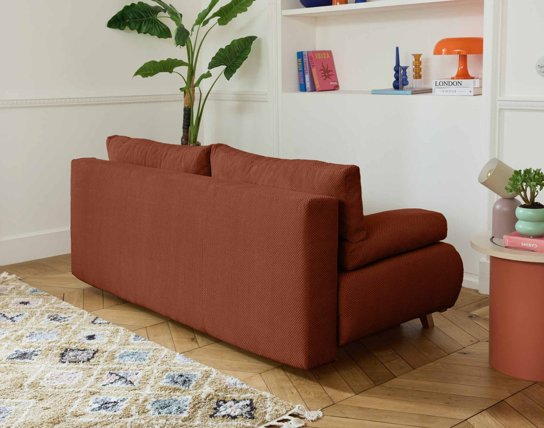 Canapé 3 places convertible avec coffre et grand pouf en velours texturé Cristal