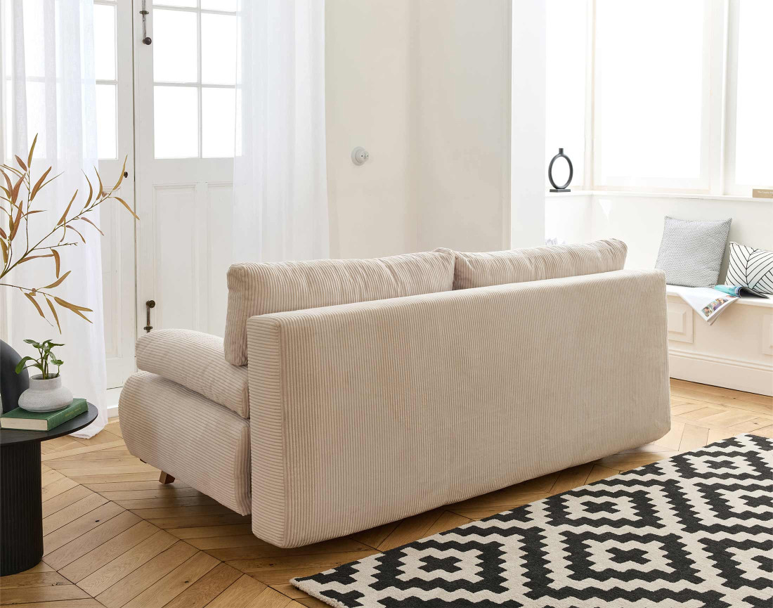 Canapé 3 places convertible avec coffre et grand pouf en velours côtelé Cristal