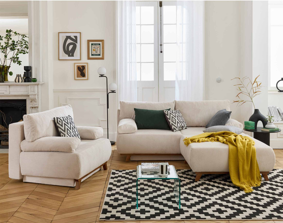 Canapé 3 places convertible avec coffre et grand pouf en velours côtelé Cristal