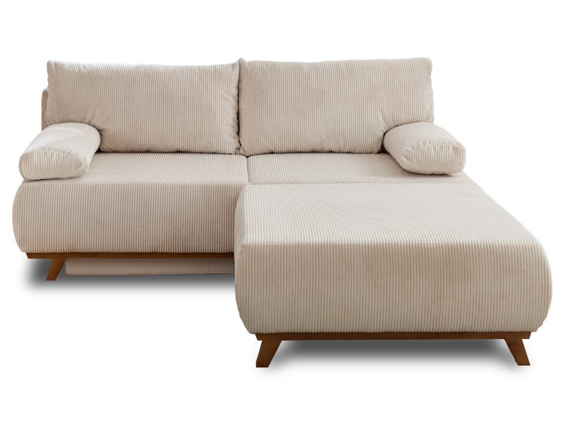 Canapé 3 places convertible avec coffre et grand pouf en velours côtelé Cristal