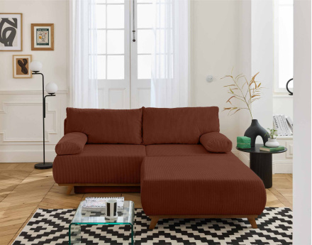 Canapé 3 places convertible avec coffre et grand pouf en velours côtelé Cristal