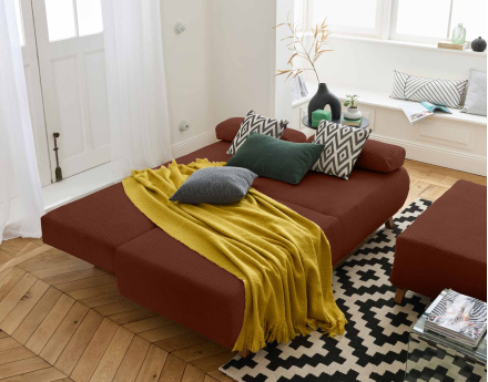 Canapé 3 places convertible avec coffre et grand pouf en velours côtelé Cristal