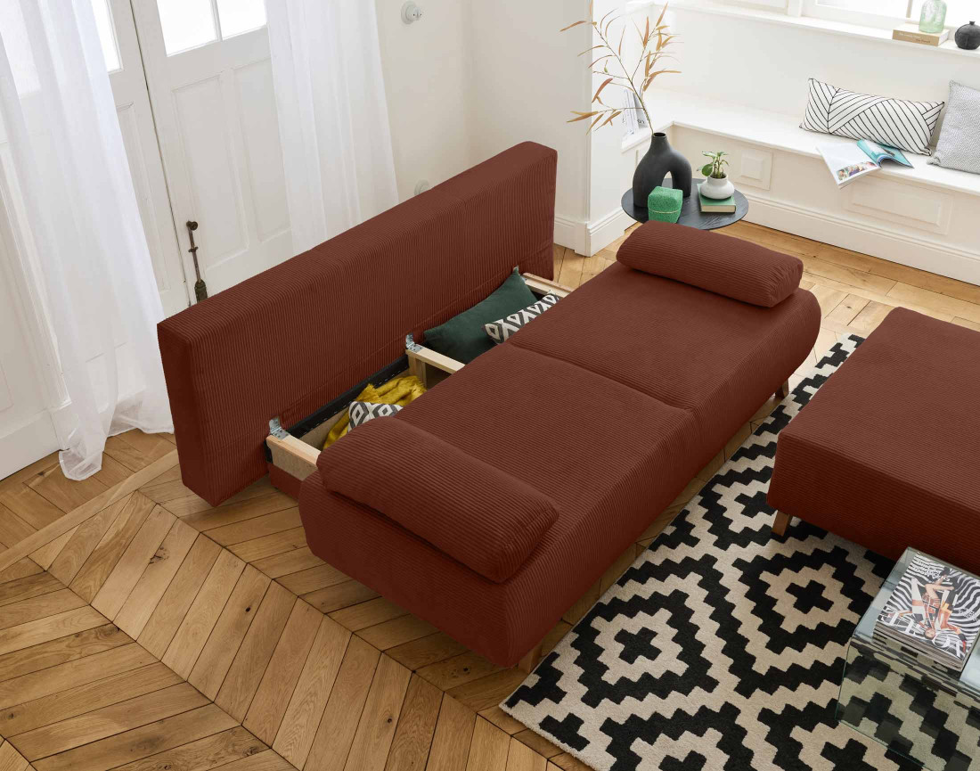 Canapé 3 places convertible avec coffre et grand pouf en velours côtelé Cristal