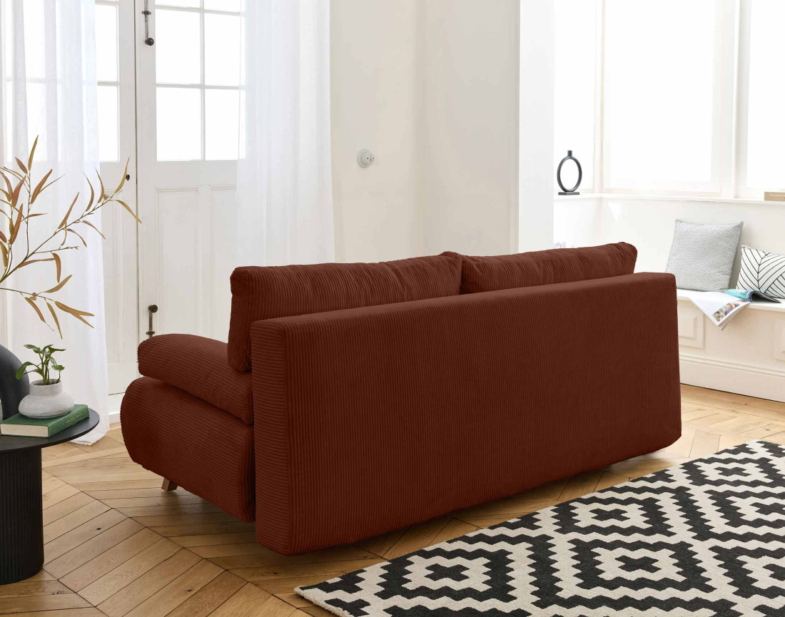 Canapé 3 places convertible avec coffre et grand pouf en velours côtelé Cristal