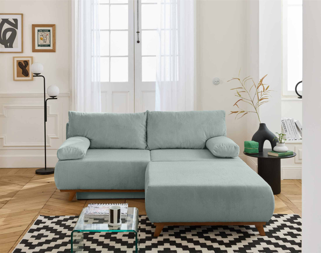 Canapé 3 places convertible avec coffre et grand pouf en velours côtelé Cristal